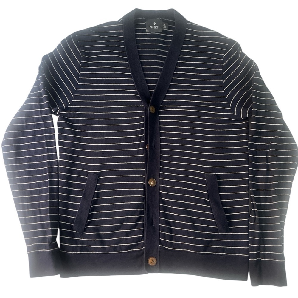 HAWKINGS McGILL BLUE STRIPED COTTON KNIT CARDIGAN SWEATER BUTTON-UP MEDIUM